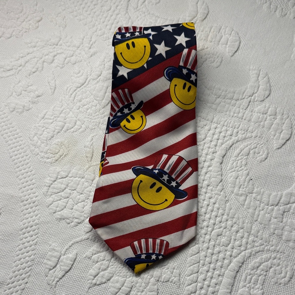 Vintage 90s Next Red White Blue Patriotic Smiley Tie